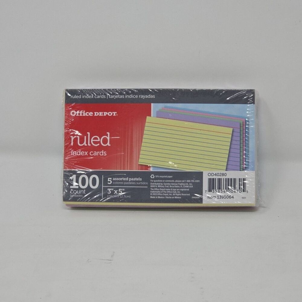Office Depot Assorted Pastel Colors 3" x 5" Ruled Index Cards: 100 Pack